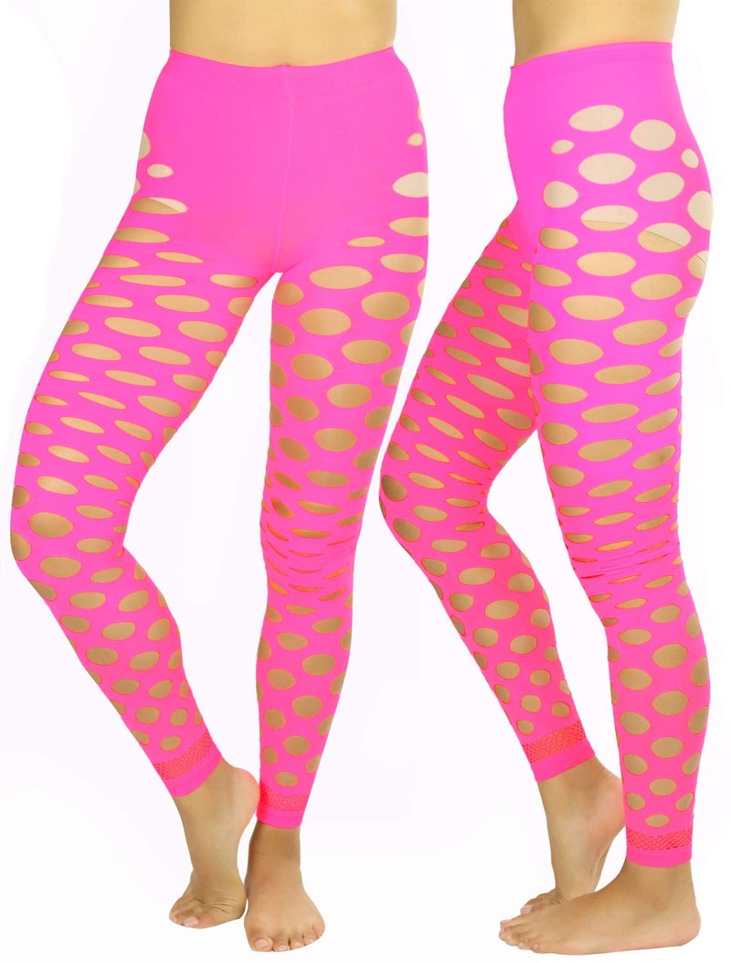 ToBeInStyle Womenâ€™s Pothole Rip Hole Punk Hosiery Tights Leggings Distressed Style - Circular Neon Pink - One Size - Image 4